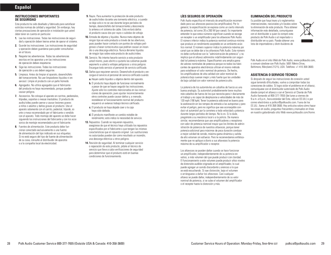 Polk Audio Sat30 Español, Instrucciones Importantes DE Seguridad, Líes Seguros DE Operación, Eliminación DEL Producto 