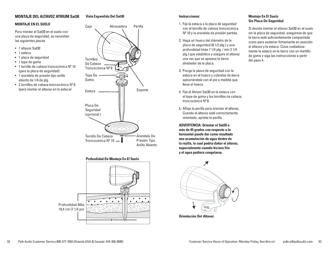 Polk Audio Sat30, Sub10 owner manual Montaje EN EL Suelo 