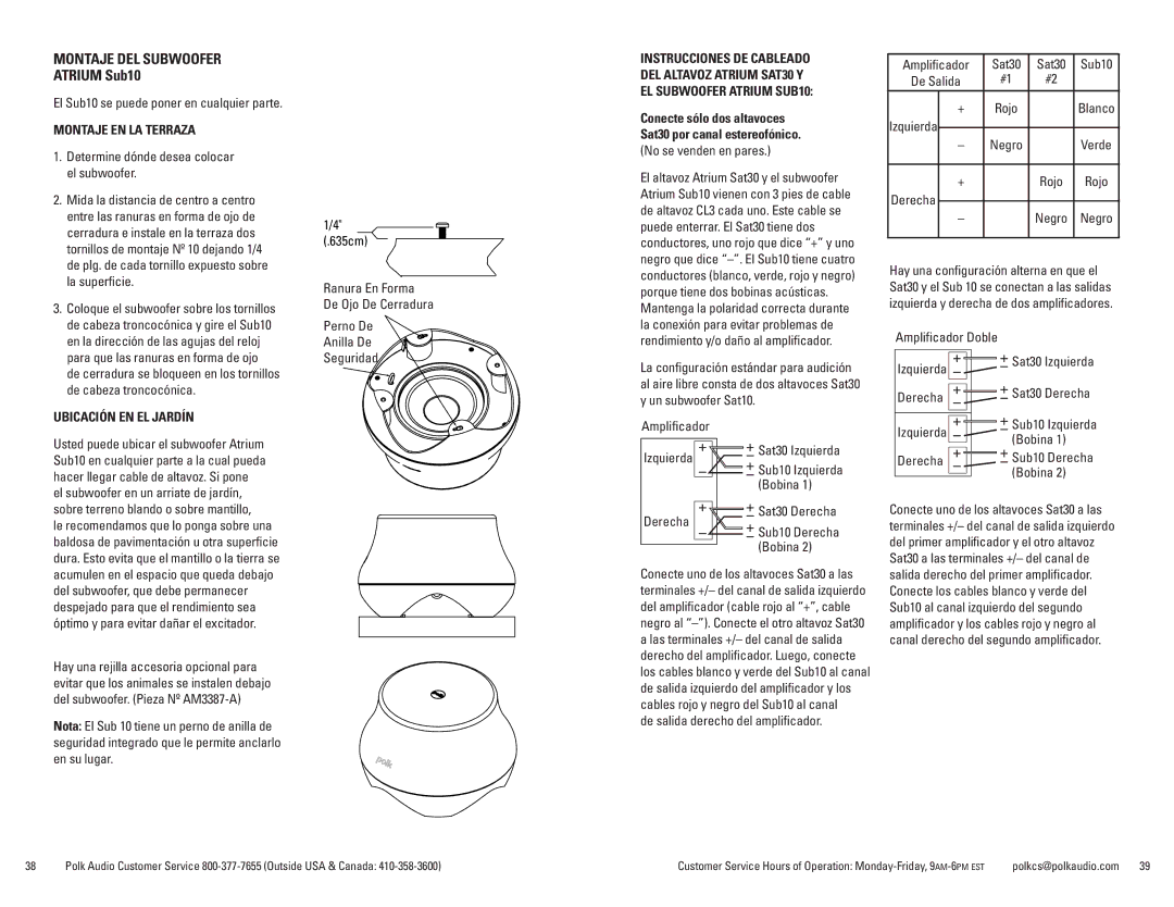 Polk Audio Sat30 owner manual Montaje DEL Subwoofer, Atrium Sub10, Montaje EN LA Terraza, Ubicación EN EL Jardín 