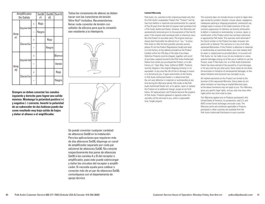 Polk Audio Sat30, Sub10 owner manual Amplificador, Rojo Izquierda, Negro Rojo Derecha Blanco Izquierda, Derecha Negro 