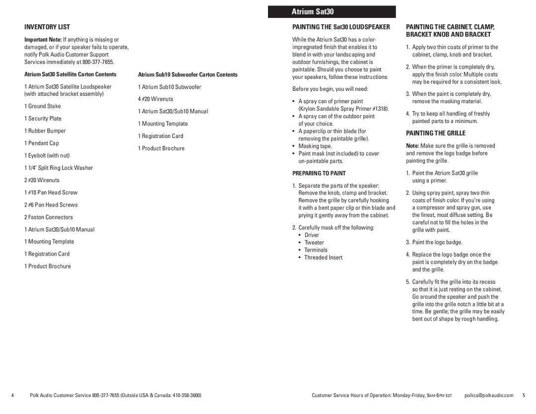 Polk Audio Sub10 owner manual Atrium Sat30, Inventory List, Painting the Grille, Preparing to Paint 