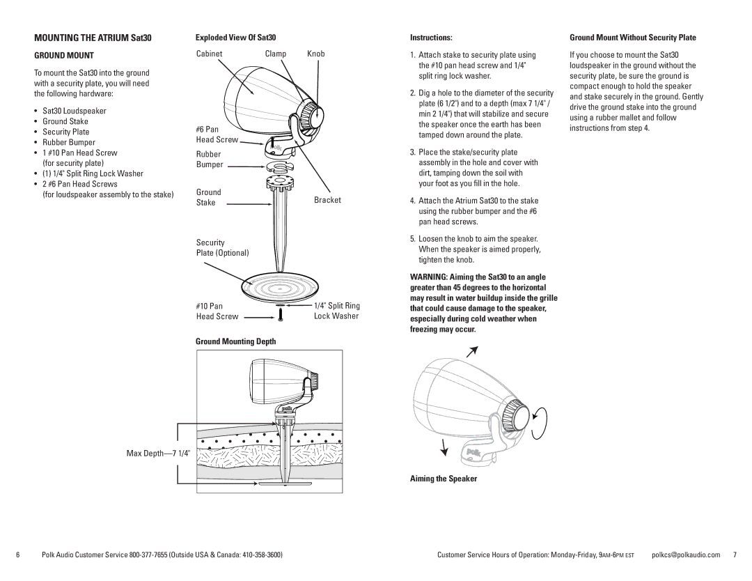 Polk Audio Sub10 owner manual Mounting the Atrium Sat30, Ground Mount 