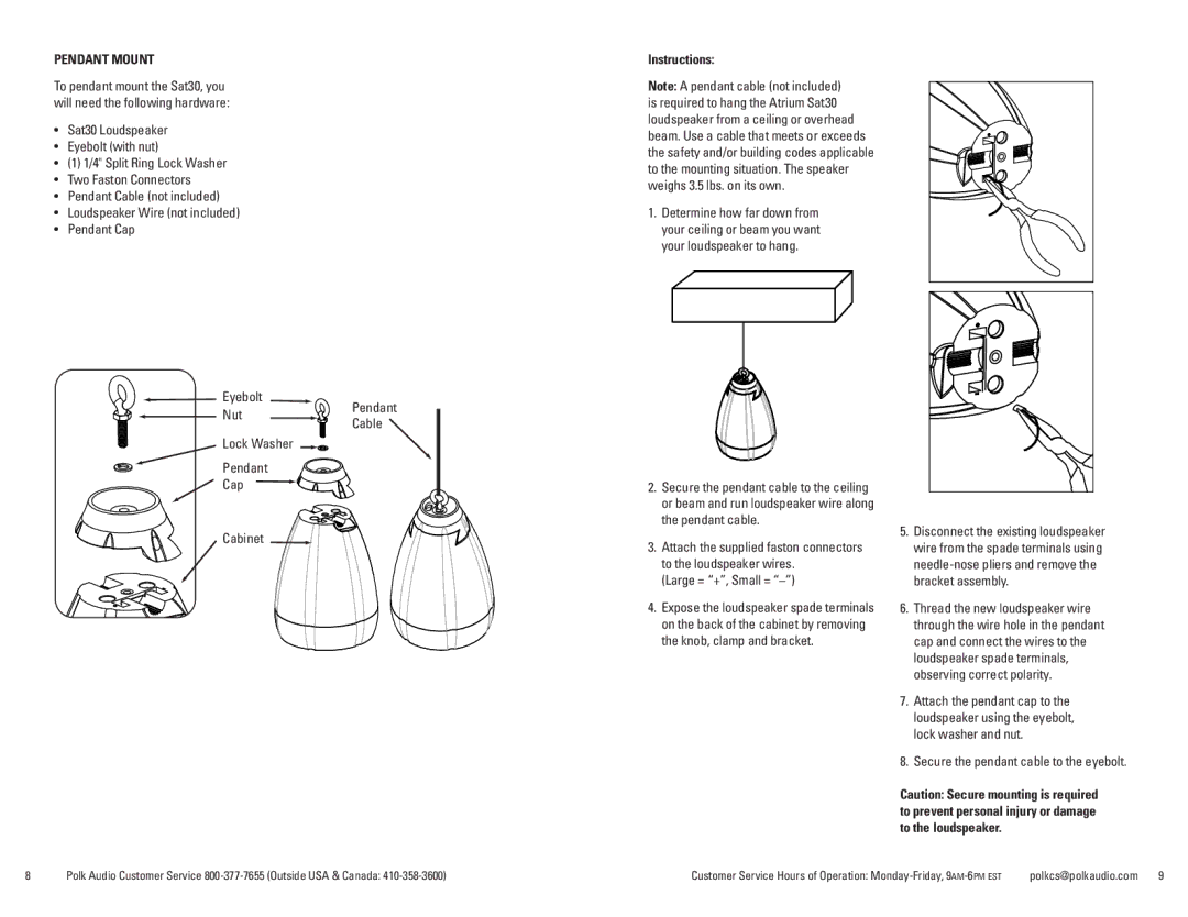 Polk Audio Sat30, Sub10 owner manual Pendant Mount, Cable, Lock Washer Pendant Cap Cabinet, Large = +, Small = 