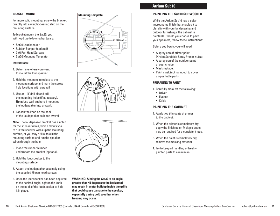 Polk Audio Sat30 Atrium Sub10, Painting the Sub10 Subwoofer, Painting the Cabinet, Bracket Mount, Mounting Template 