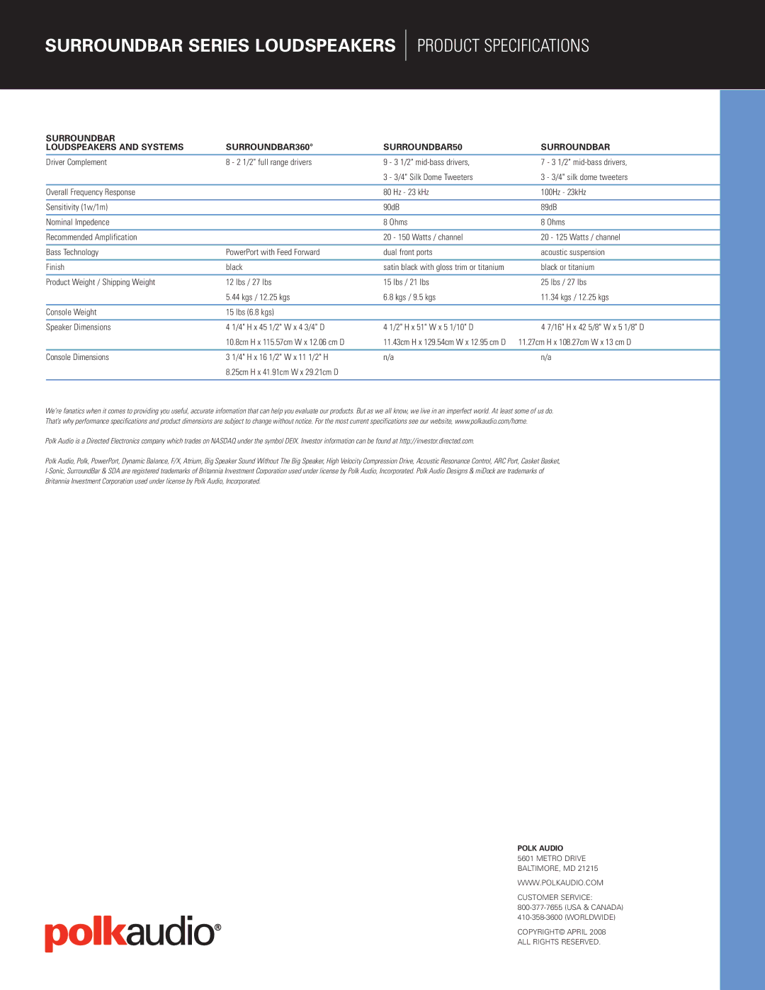 Polk Audio SURROUNDBAR SERIES manual Product Specifications, Metro Drive BALTIMORE, MD Customer Service 