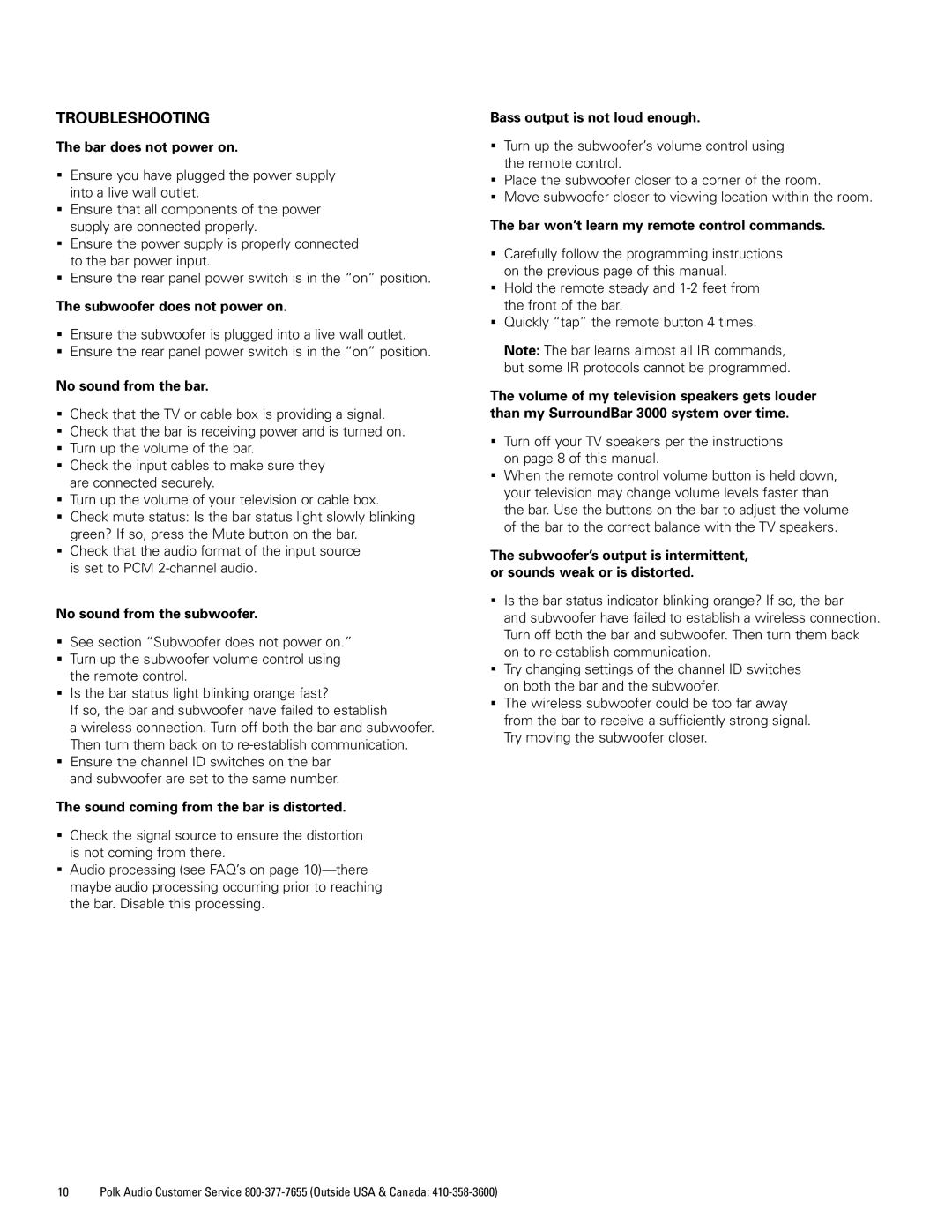 Polk Audio SURROUNDBAR3000IHTSYS manual Troubleshooting 
