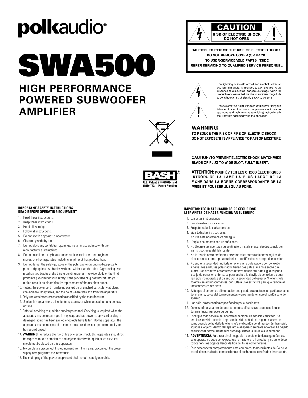 Polk Audio SWA500 important safety instructions 