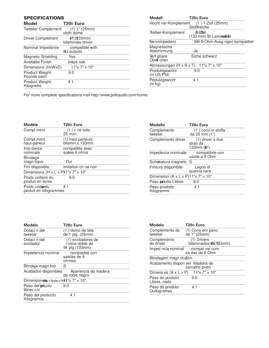 Polk Audio T20E EURO owner manual Specifications, Modèle T20e Euro, Modelo T20e Euro, Modell T20e Euro, Modello T20e Euro 