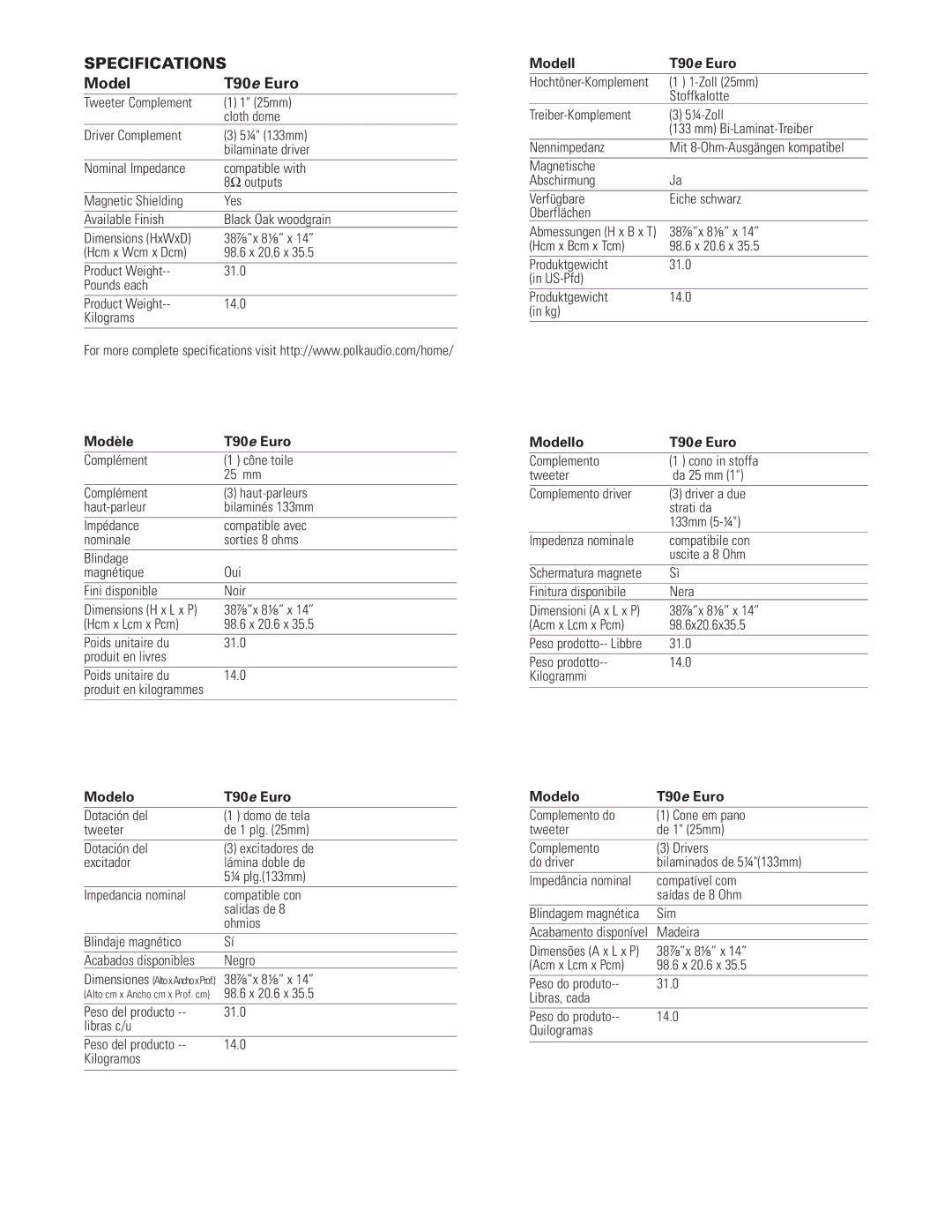 Polk Audio owner manual Modèle T90e Euro, Modelo T90e Euro, Modell T90e Euro, Modello T90e Euro 