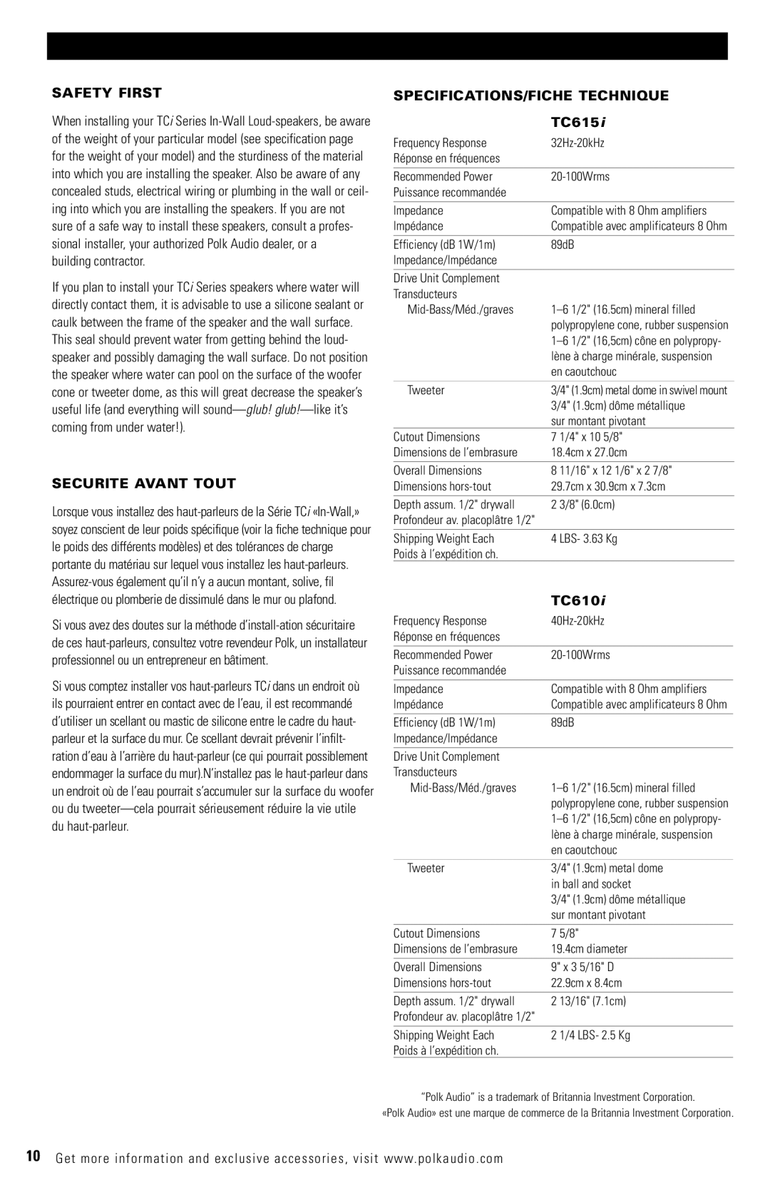 Polk Audio TC610i TC615i owner manual Safety First, Securite Avant Tout, SPECIFICATIONS/FICHE Technique 