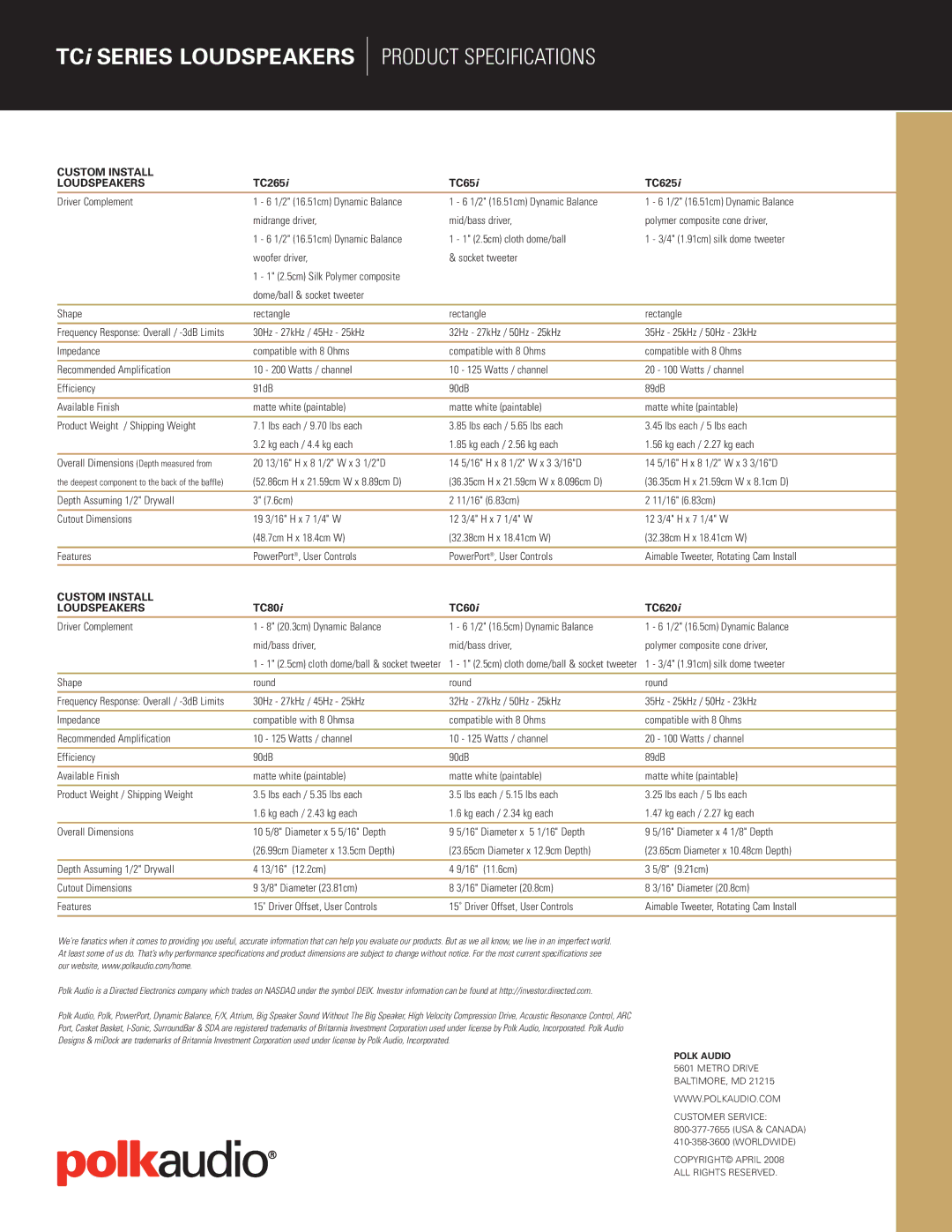 Polk Audio TC625i manual Product Specifications, Custom Install Loudspeakers 