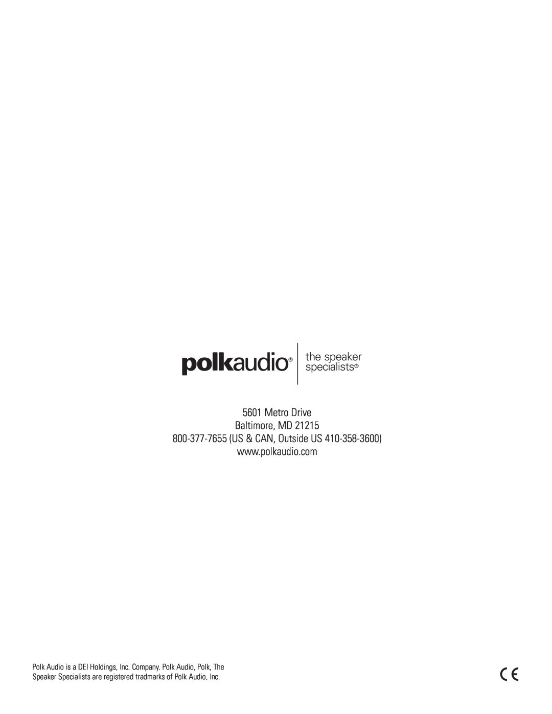 Polk Audio TL150, TL250, TL350 manual Metro Drive Baltimore, MD 