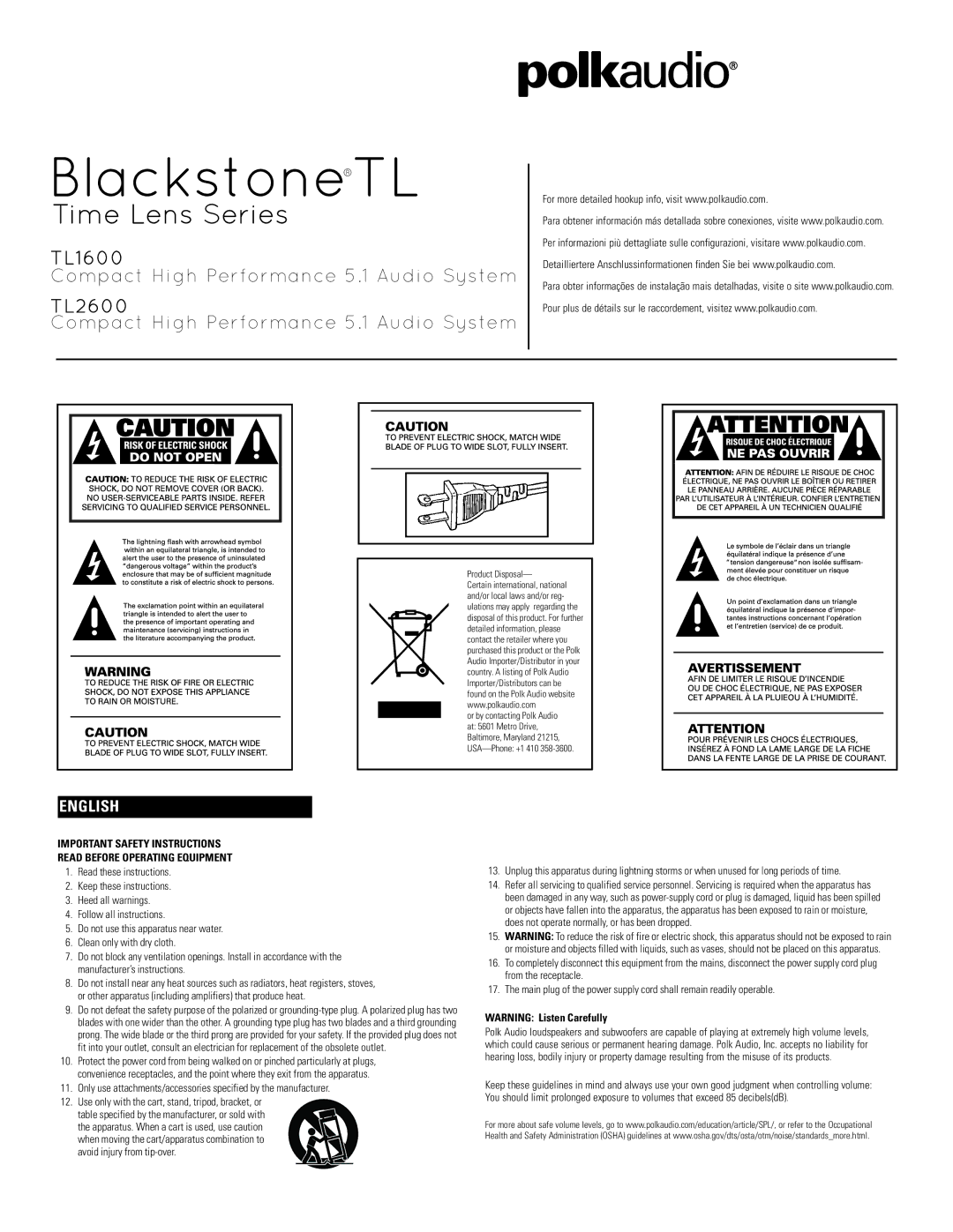 Polk Audio TL1600, TL2600 important safety instructions BlackstoneTL, English 