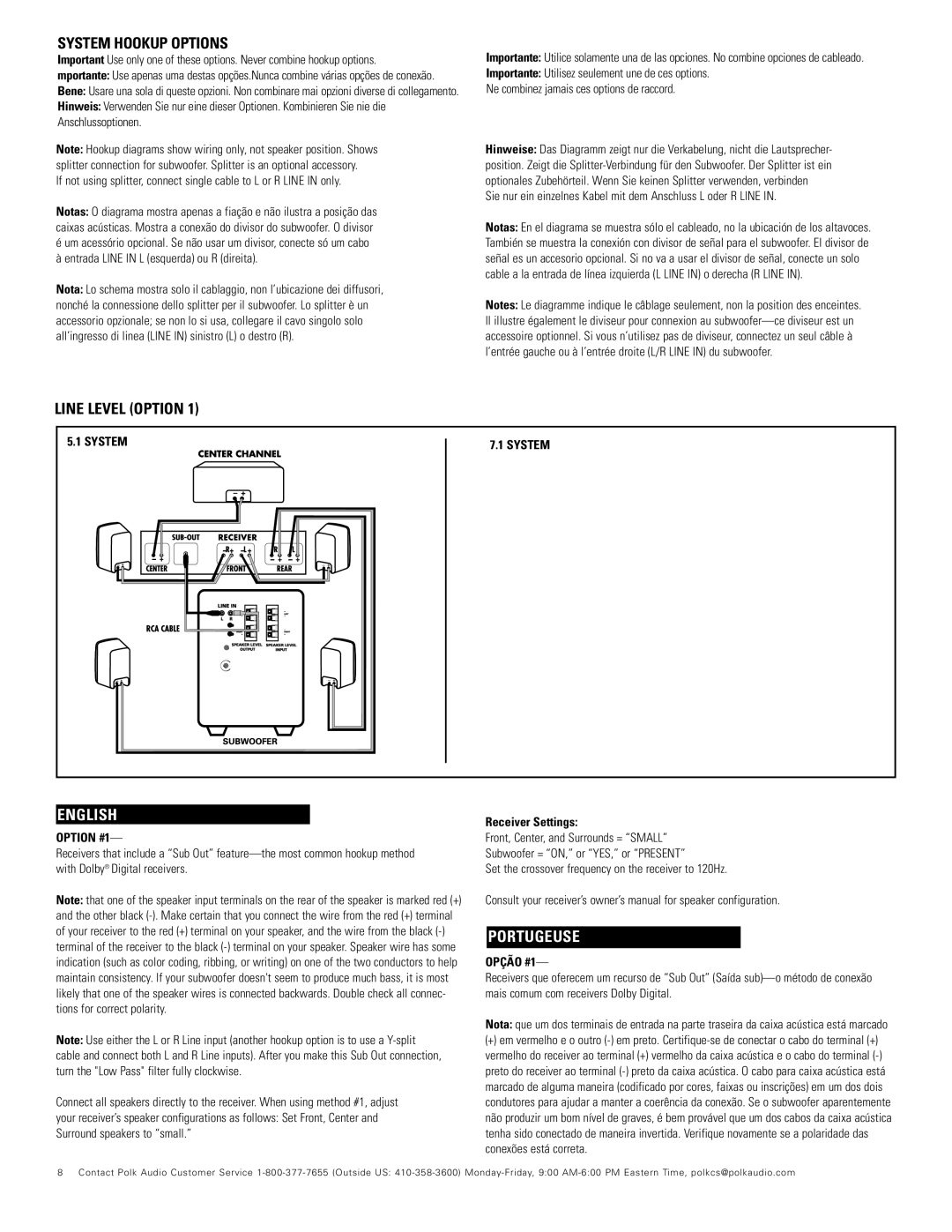 Polk Audio TL2600, TL1600 important safety instructions System Hookup Options, Line Level Option, Option #1, Opção #1 