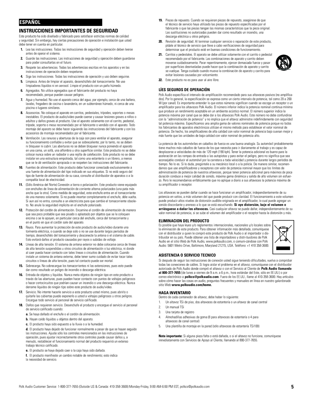 Polk Audio TSi 500 owner manual Español, Instrucciones Importantes DE Seguridad, Líes Seguros DE Operación 