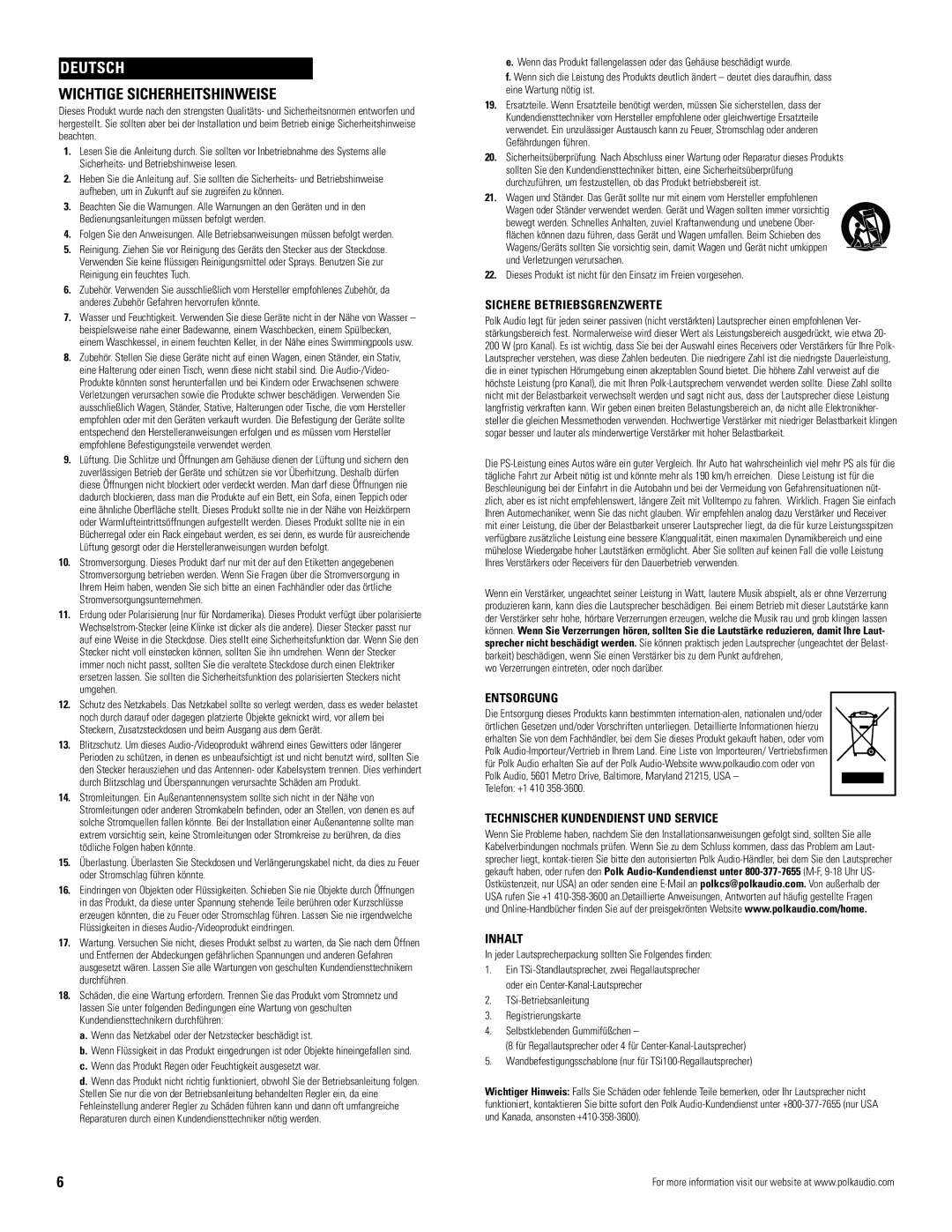 Polk Audio TSi 500 owner manual Deutsch, Wichtige Sicherheitshinweise, Sichere Betriebsgrenzwerte, Entsorgung 