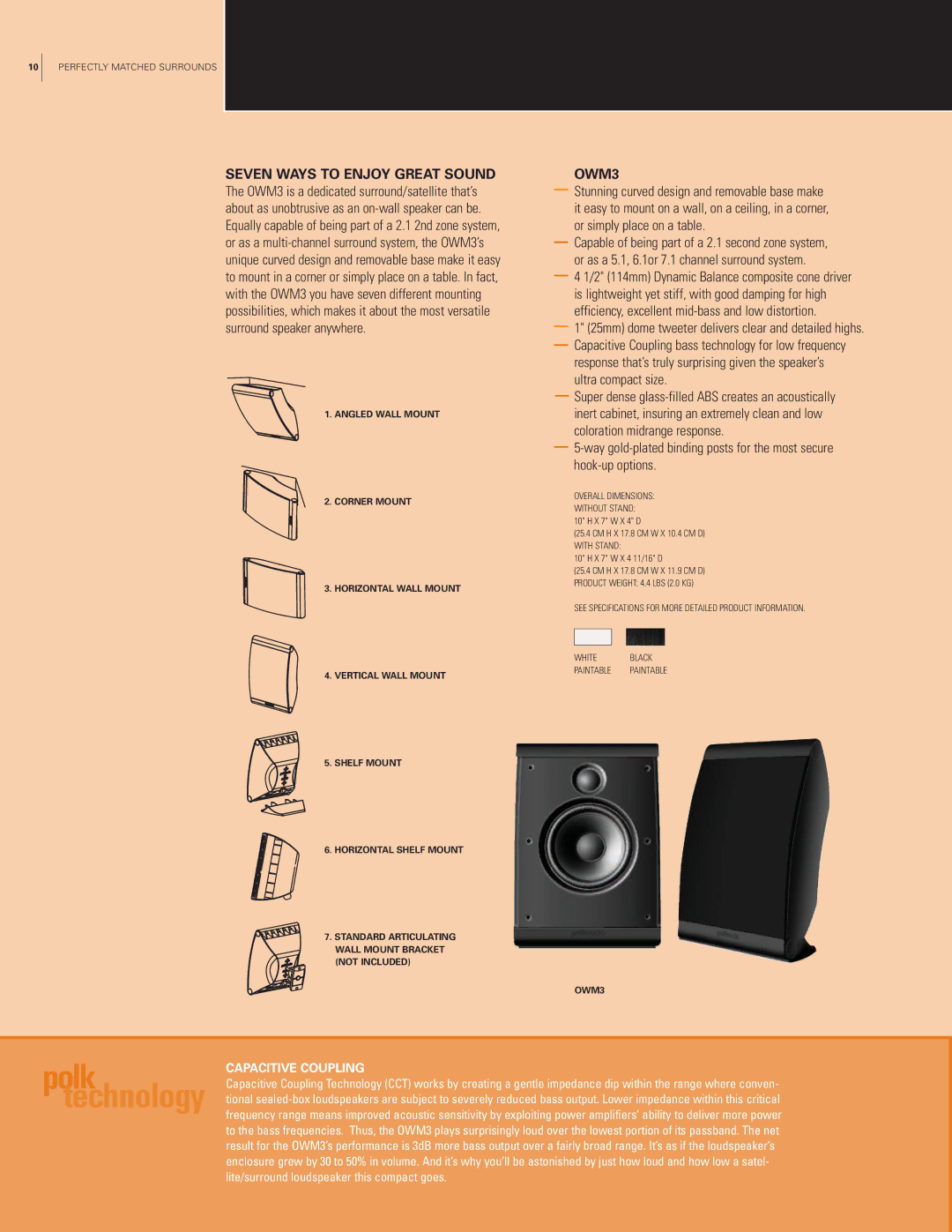 Polk Audio TSi Series manual Seven Ways to Enjoy Great Sound, OWM3, Ultra compact size, Capacitive Coupling 