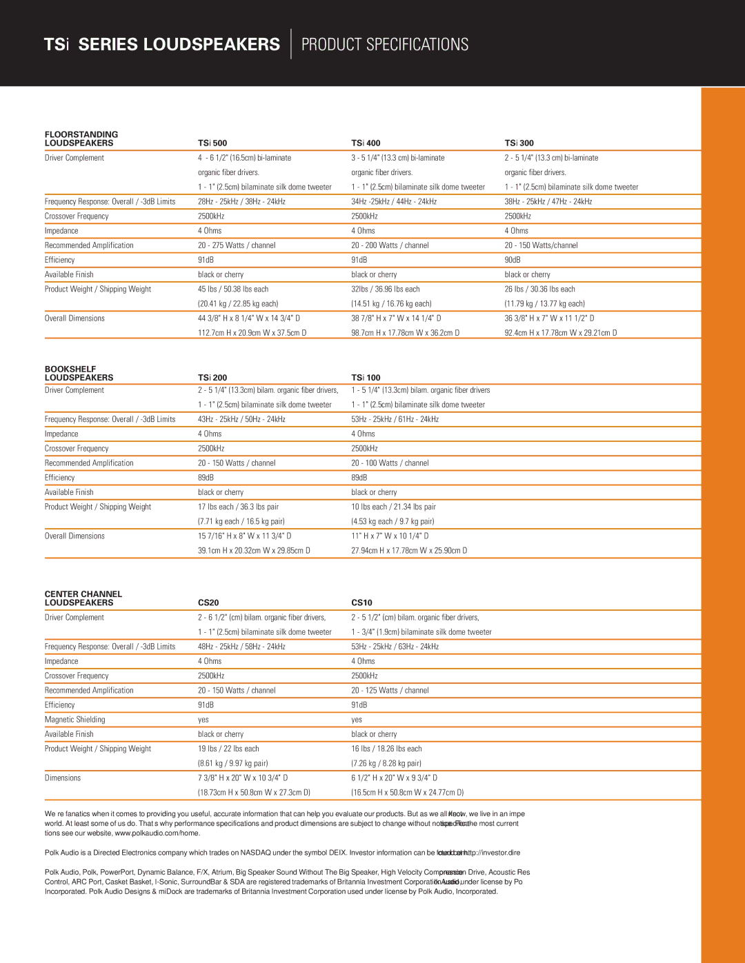 Polk Audio TSi Series manual Product Specifications 