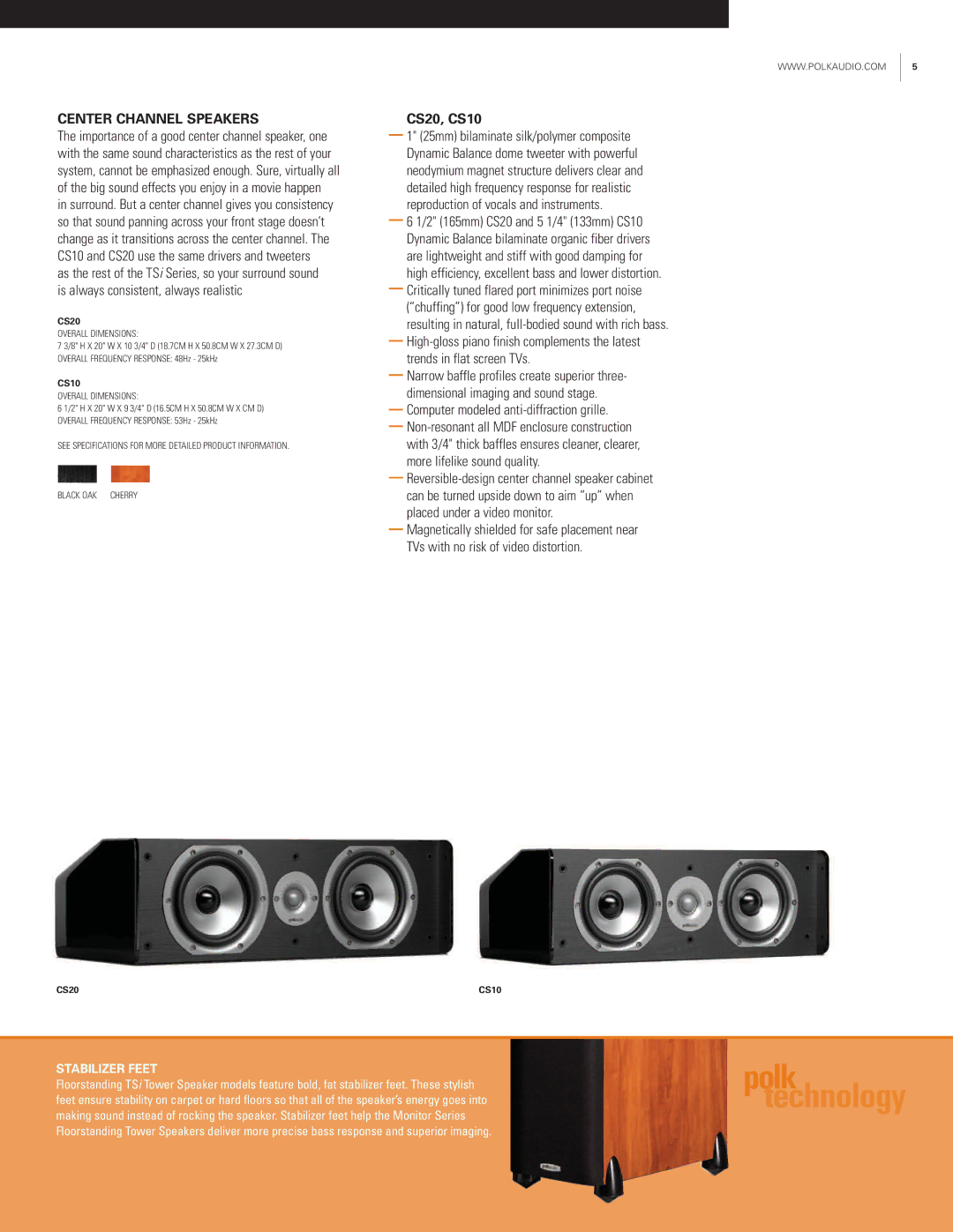 Polk Audio TSi Series manual Center Channel Speakers, CS20, CS10, Stabilizer Feet 