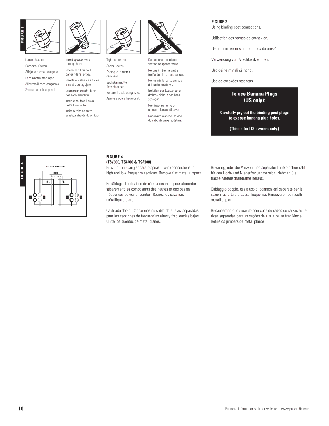 Polk Audio TSi owner manual Loosen hex nut Desserrer l’écrou, Sechskantmutter lösen, Tighten hex nut Serrer l’écrou 