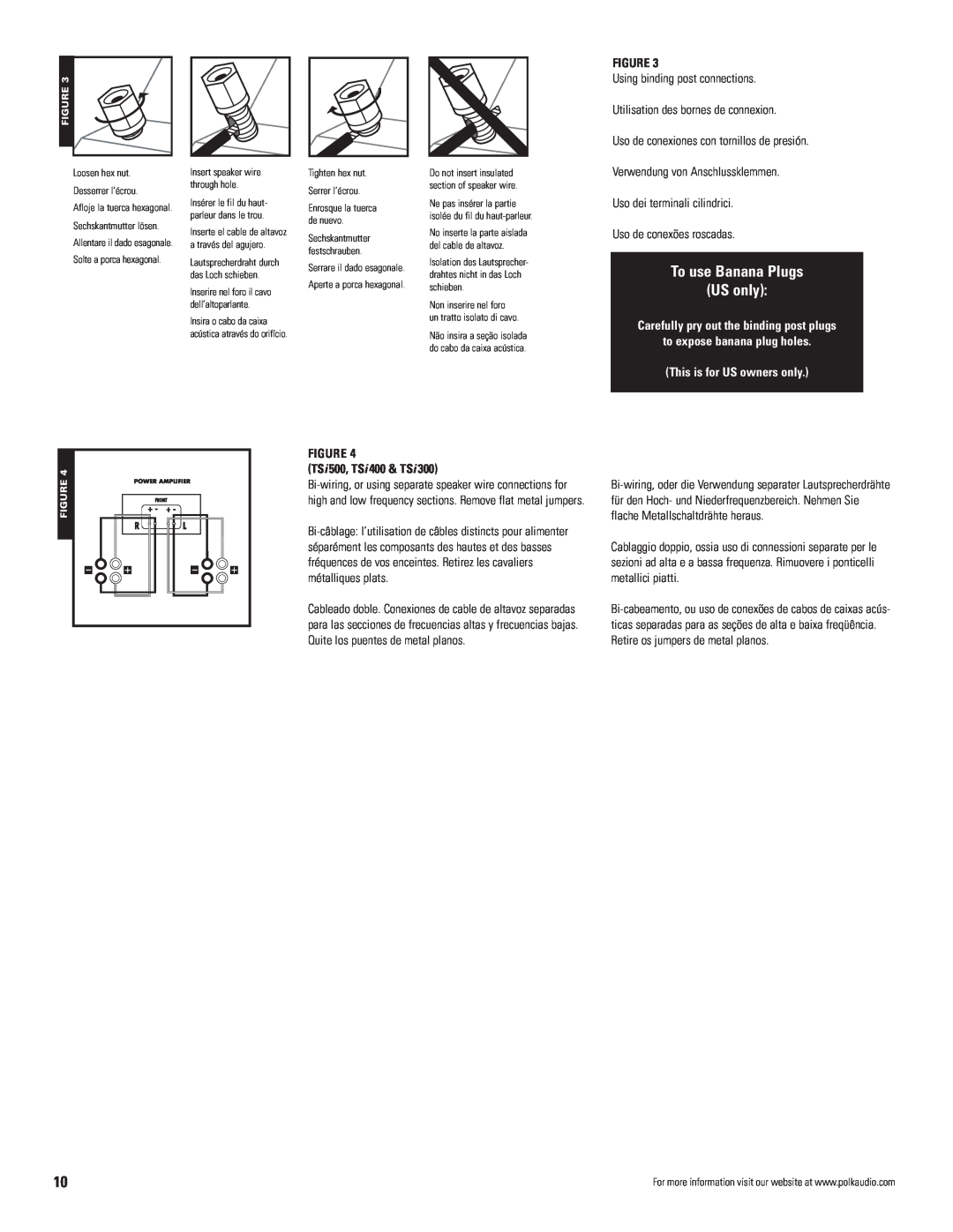Polk Audio TSi owner manual To use Banana Plugs US only, to expose banana plug holes, This is for US owners only 