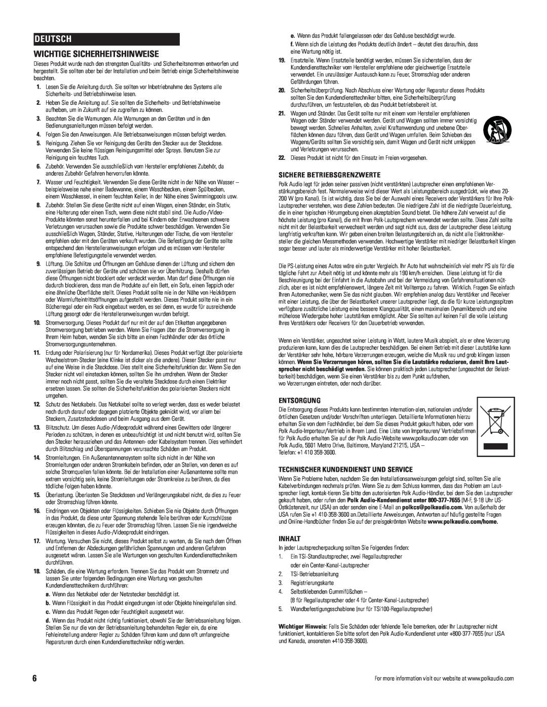 Polk Audio TSi owner manual Deutsch, Wichtige Sicherheitshinweise, Sichere Betriebsgrenzwerte, Entsorgung, Inhalt 