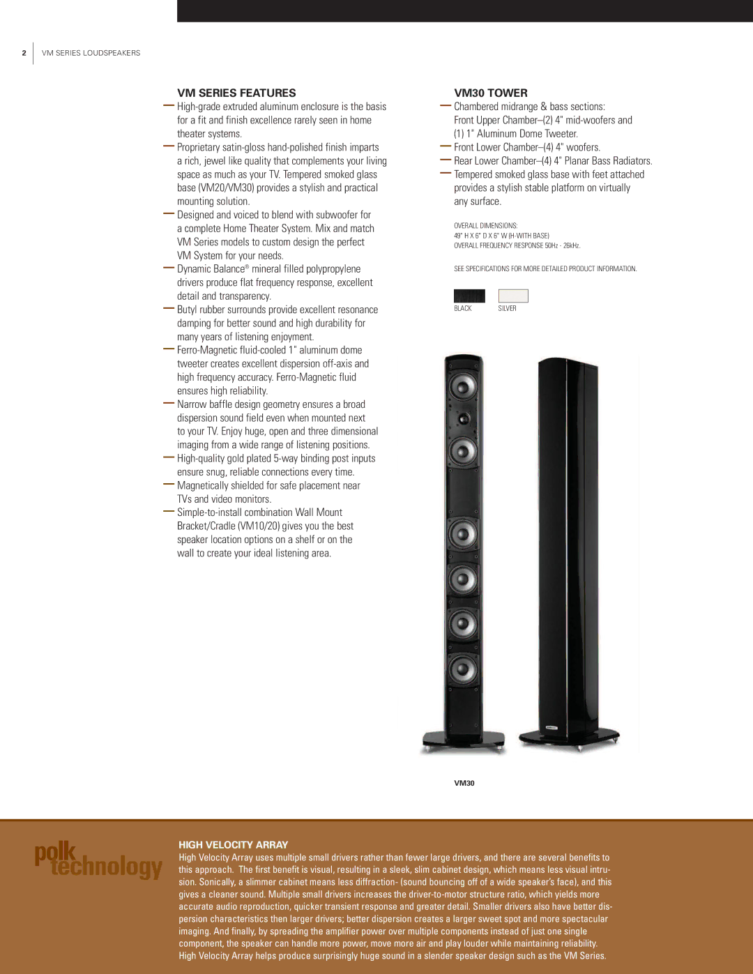 Polk Audio manual VM Series Features, VM30 Tower, High Velocity Array 