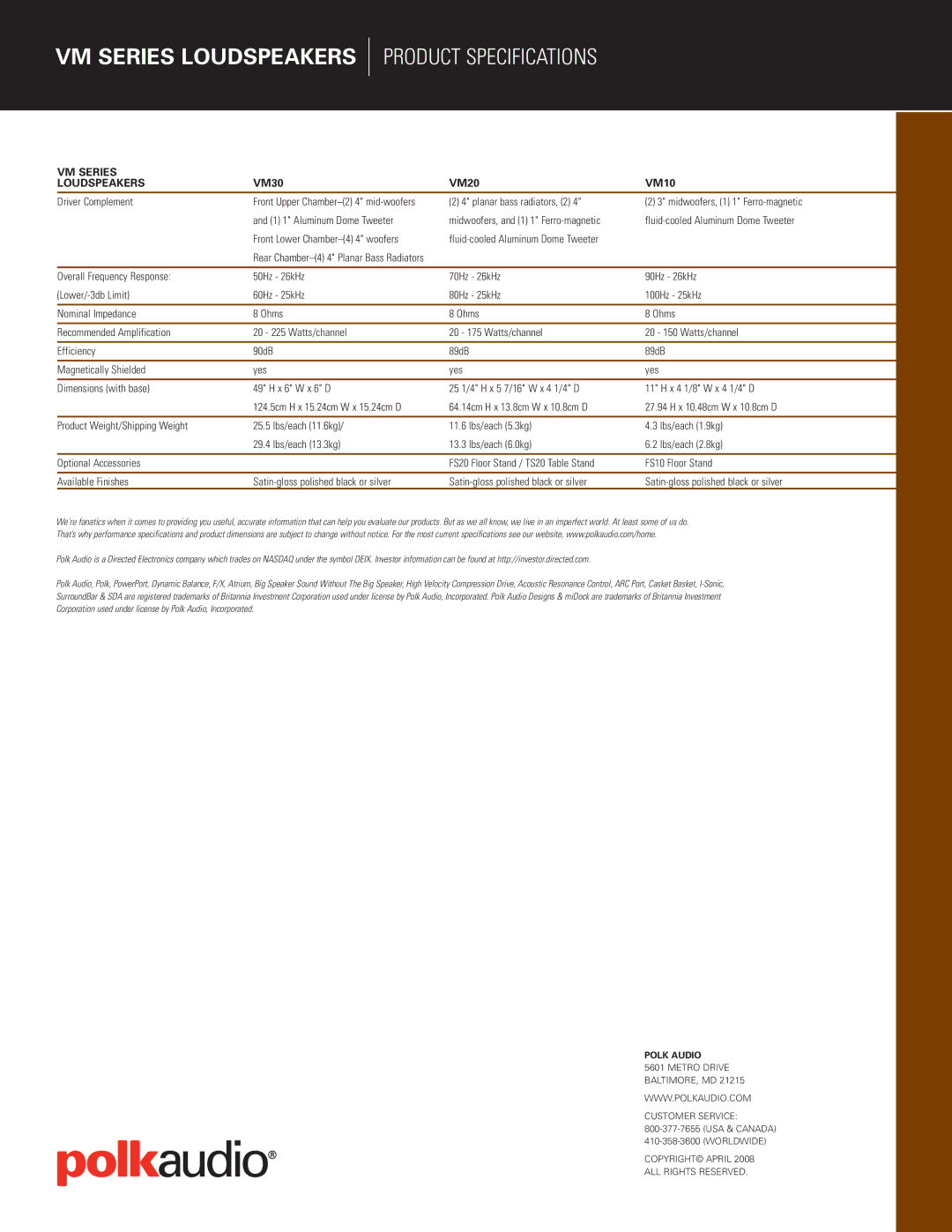 Polk Audio manual Product Specifications, VM Series Loudspeakers 