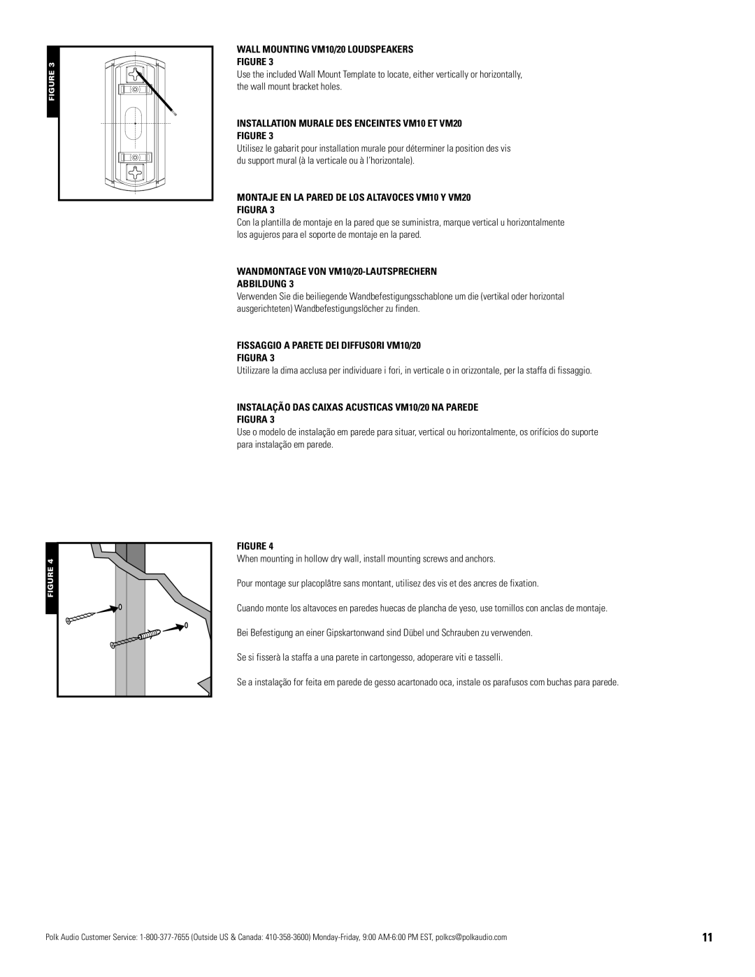 Polk Audio owner manual Wall Mounting VM10/20 Loudspeakers, Installation Murale DES Enceintes VM10 ET VM20 