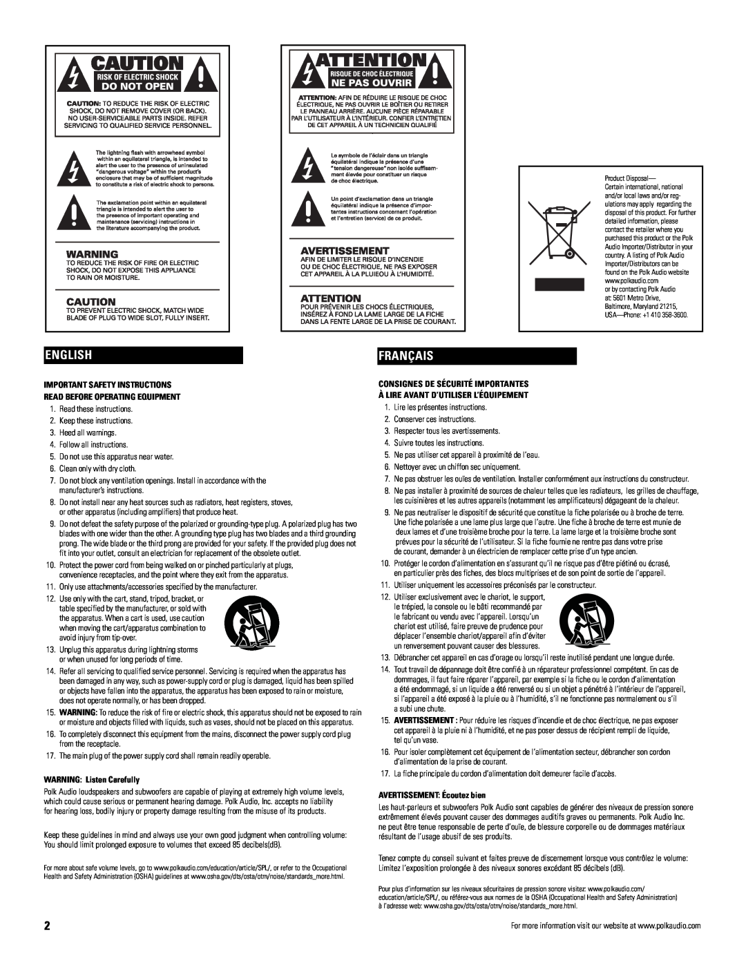 Polk Audio VM10 owner manual English, Français, Important Safety Instructions, Read Before Operating Equipment 