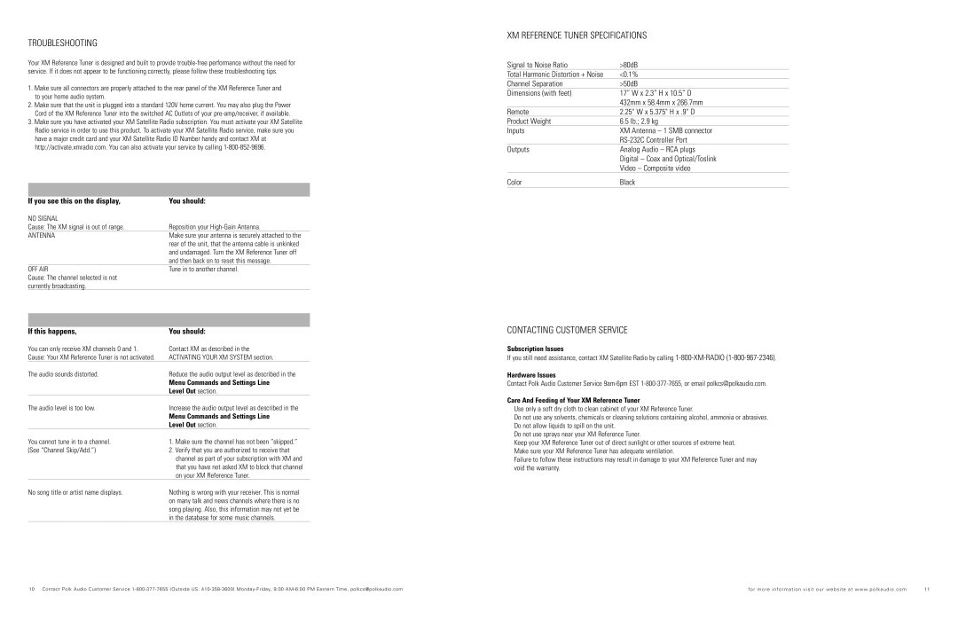 Polk Audio XRt112 owner manual Troubleshooting, XM Reference Tuner Specifications, Contacting Customer Service 