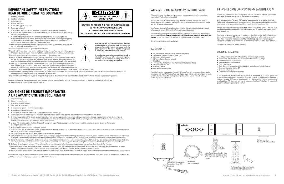 Polk Audio XRt12 owner manual BOX Contents, Contenus DE LA Boîte 