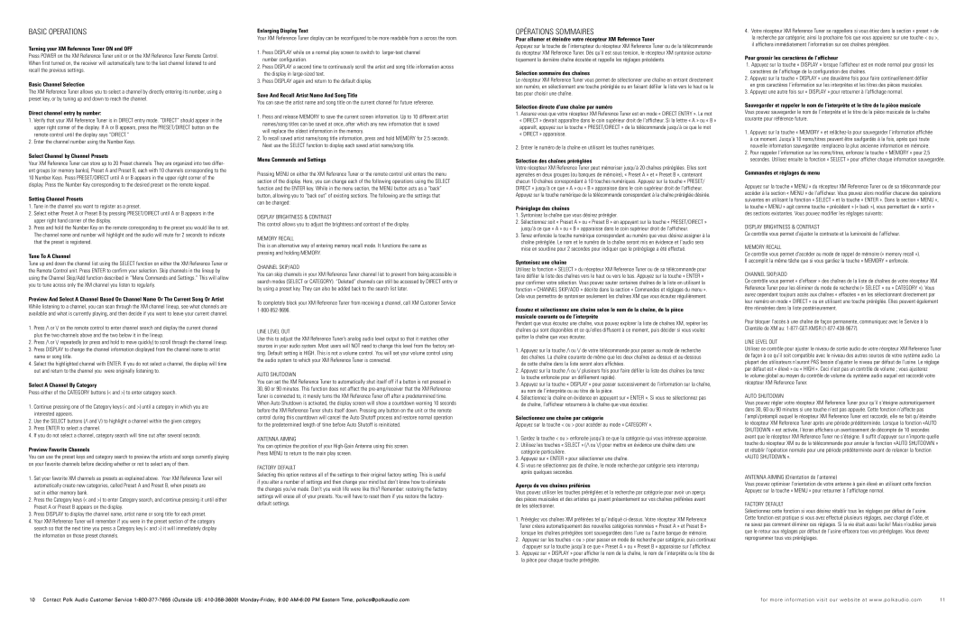 Polk Audio XRt12 owner manual Basic Operations, Opérations Sommaires 