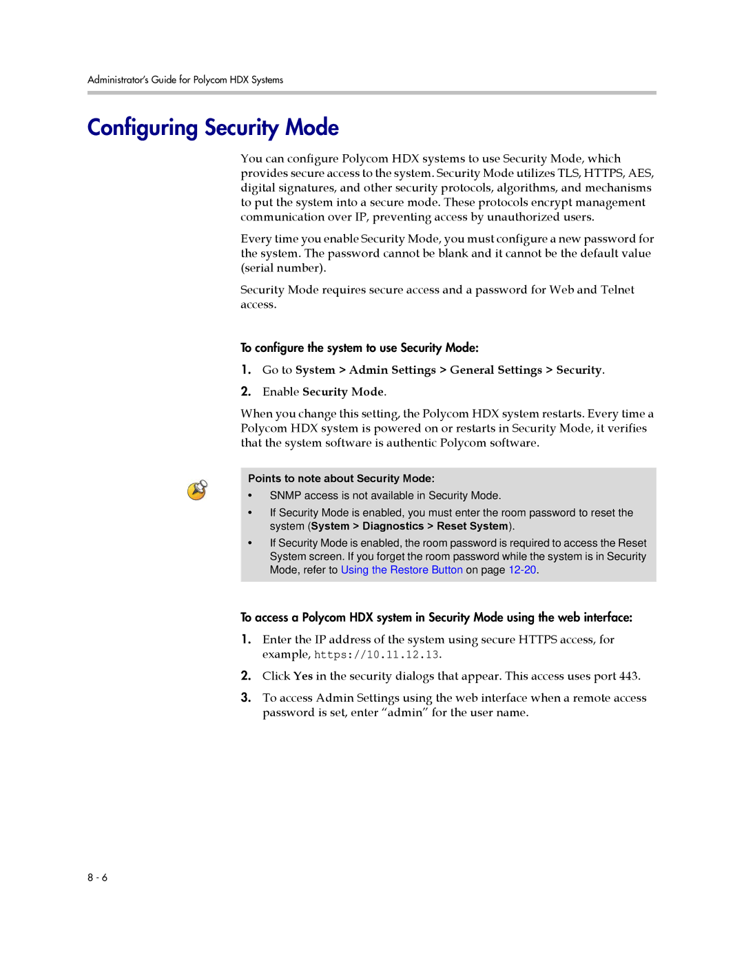 Polycom 1 manual Configuring Security Mode, Points to note about Security Mode 