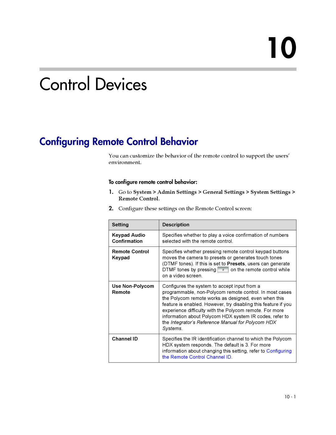 Polycom 1 Control Devices, Configuring Remote Control Behavior, Configure these settings on the Remote Control screen 