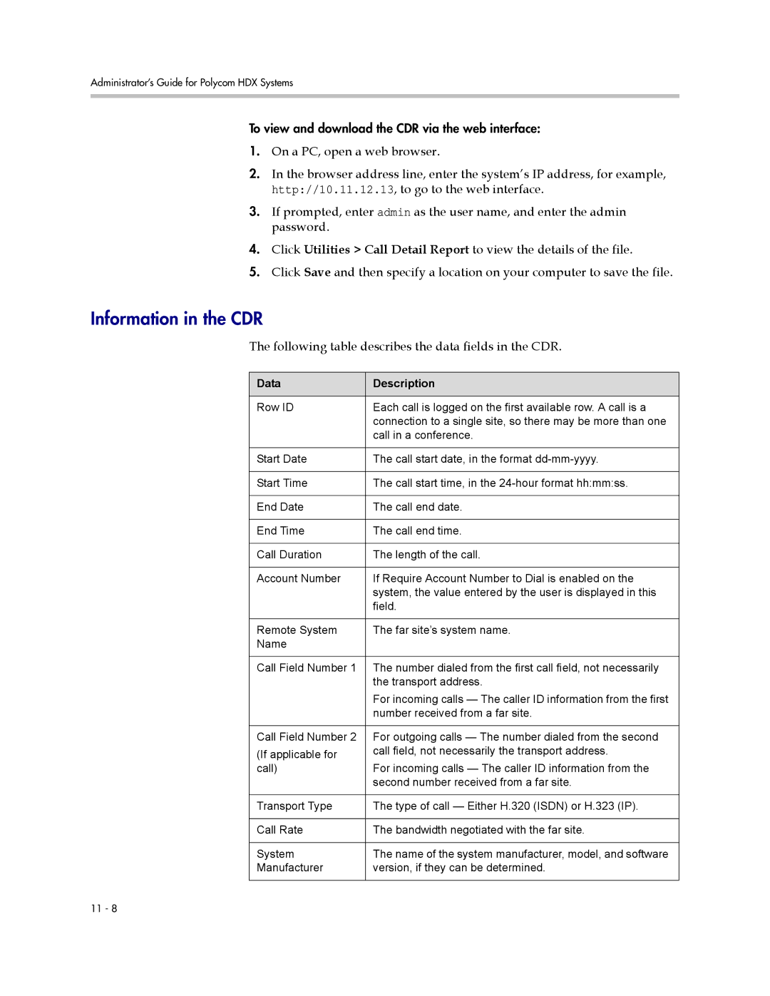 Polycom 1 manual Information in the CDR, Following table describes the data fields in the CDR, Data Description 