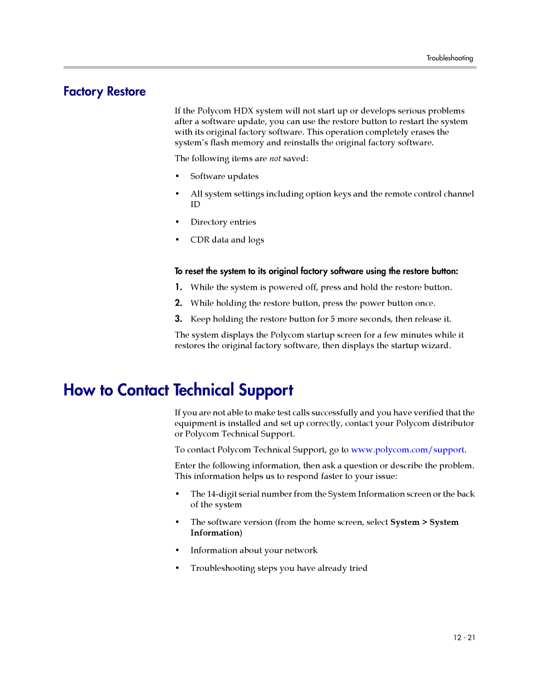 Polycom 1 manual How to Contact Technical Support, Factory Restore 