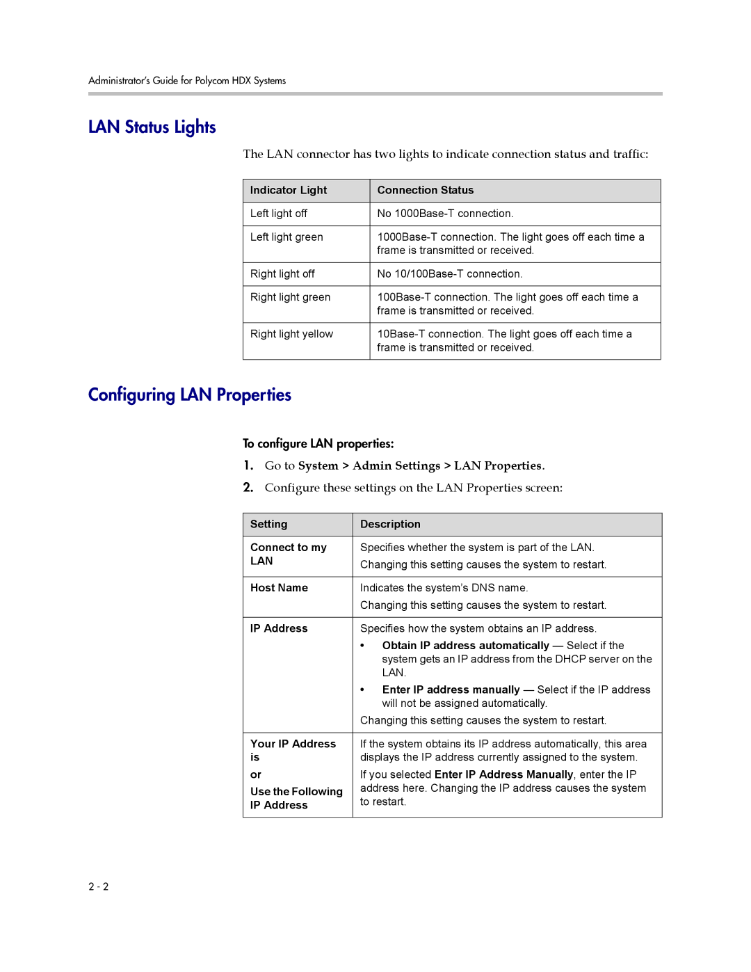 Polycom 1 manual LAN Status Lights, Configuring LAN Properties, Go to System Admin Settings LAN Properties 