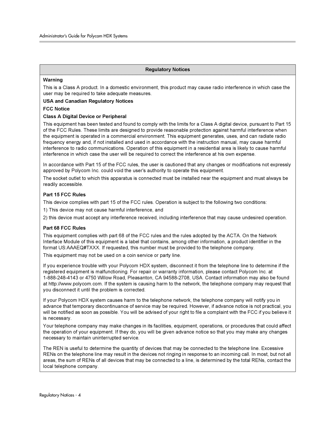 Polycom manual Regulatory Notices, Part 15 FCC Rules, Part 68 FCC Rules 