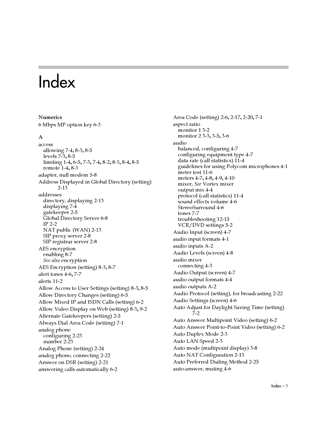 Polycom 1 manual Index, Numerics 