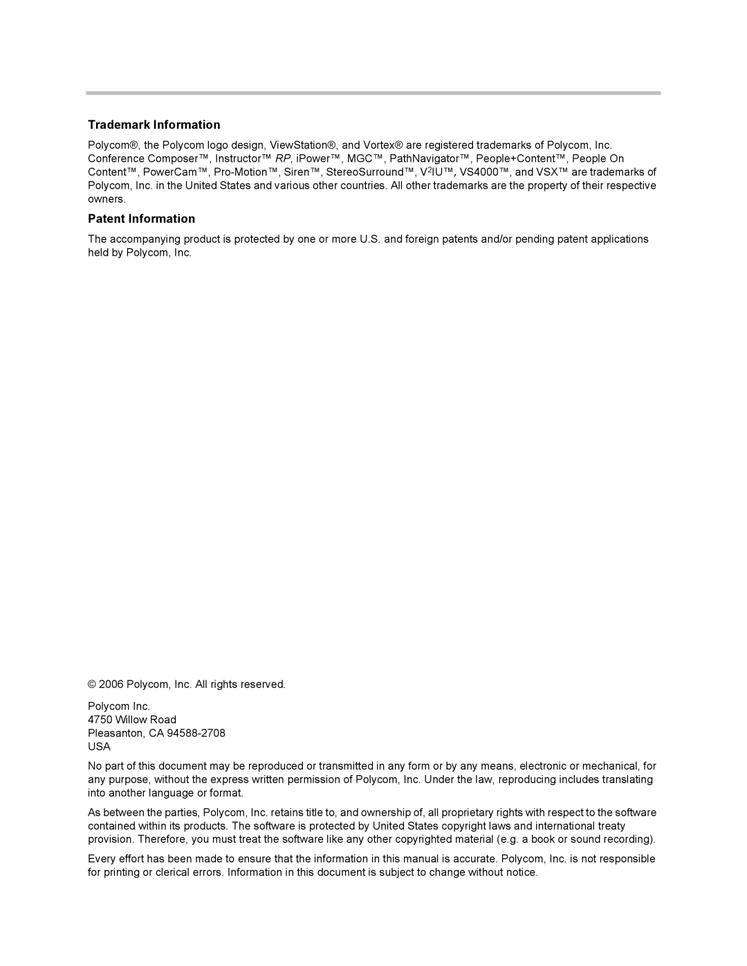 Polycom 1 manual Trademark Information 