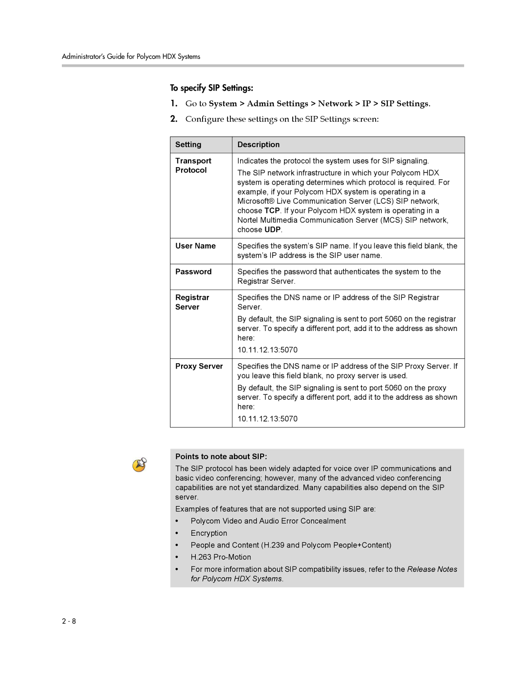 Polycom 1 manual Go to System Admin Settings Network IP SIP Settings, Configure these settings on the SIP Settings screen 