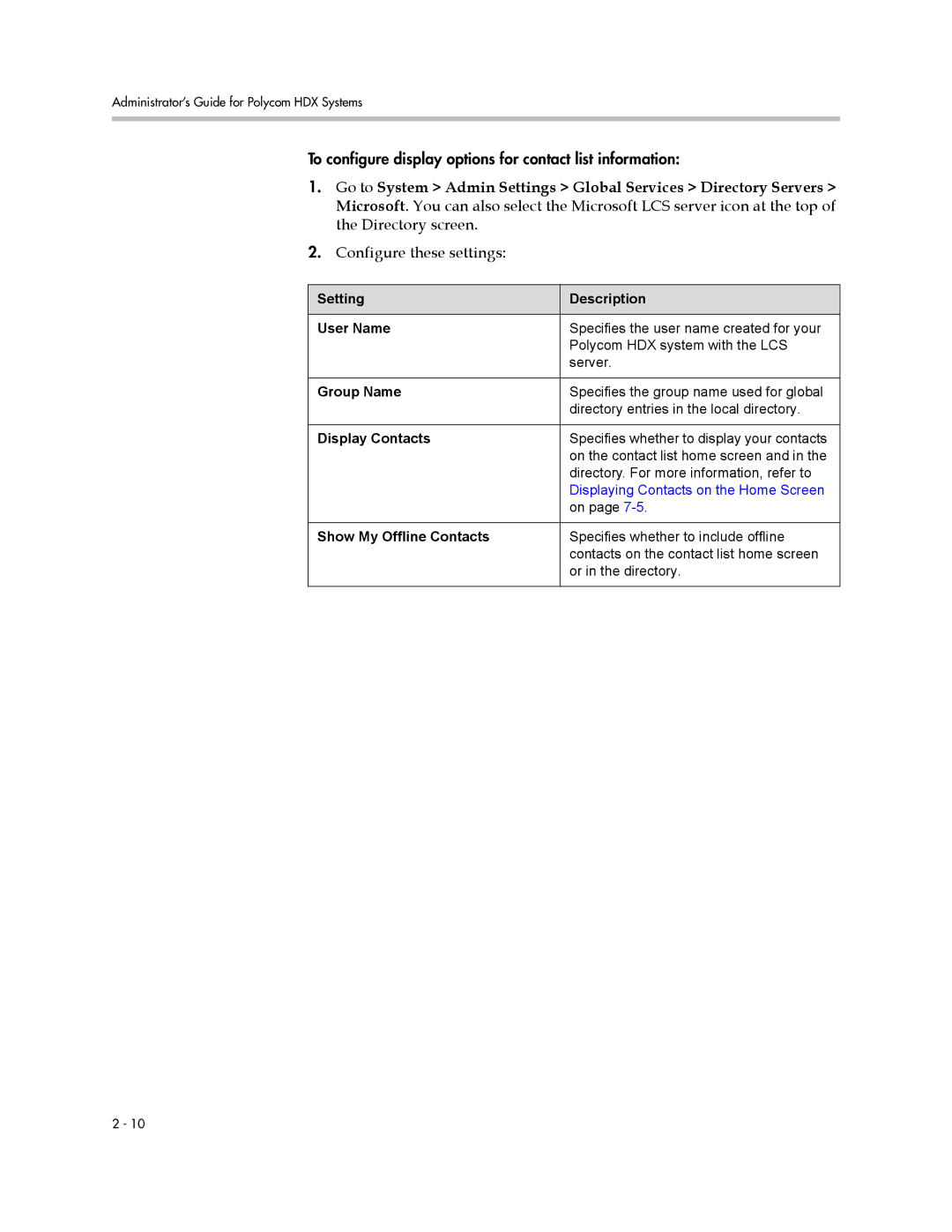 Polycom 1 manual Setting Description User Name, Group Name, Display Contacts, Show My Offline Contacts 