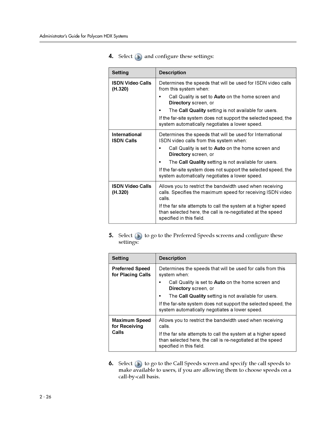 Polycom 1 Setting Description Isdn Video Calls, 320, Directory screen, or, Isdn Calls, Setting Description Preferred Speed 