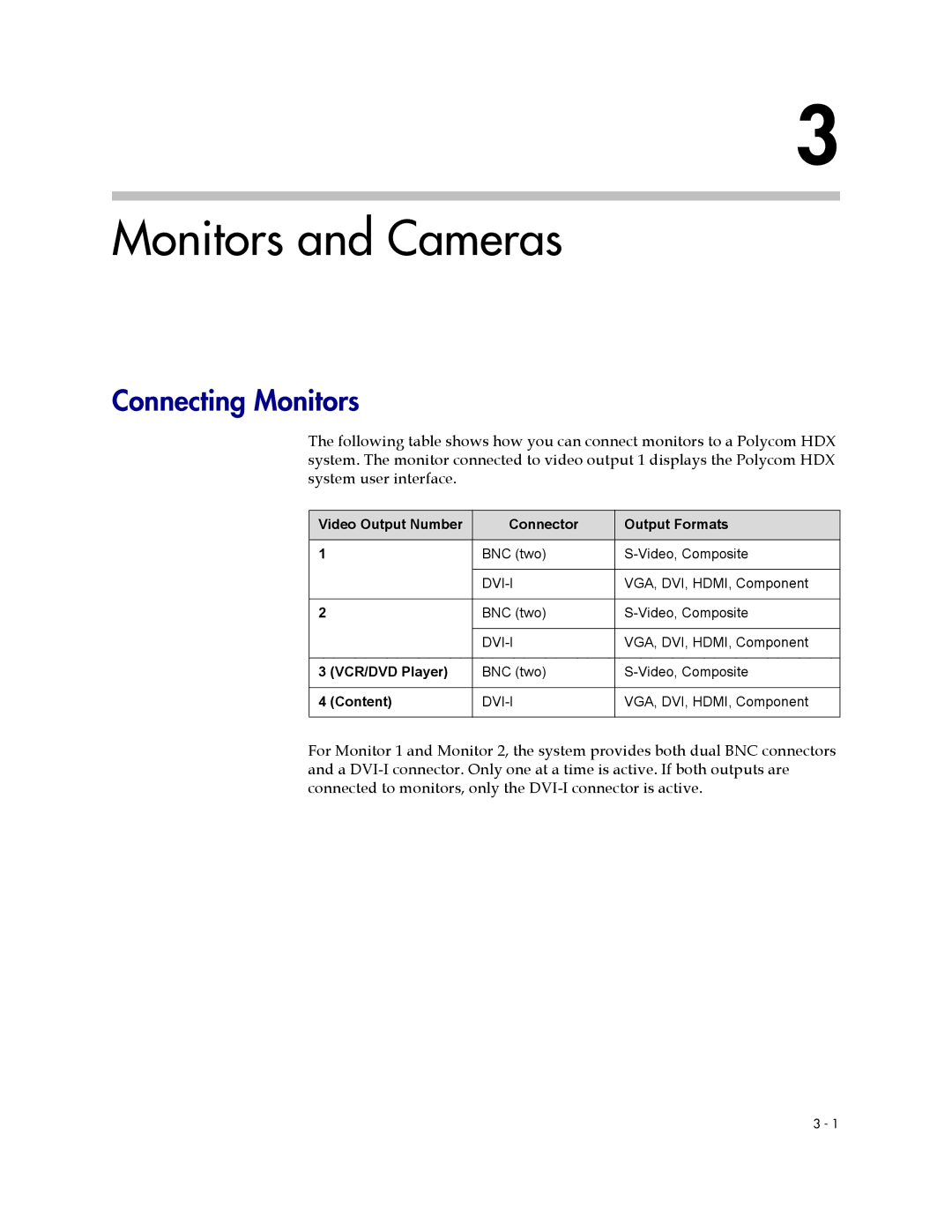 Polycom 1 Monitors and Cameras, Connecting Monitors, Video Output Number Connector Output Formats, VCR/DVD Player, Content 