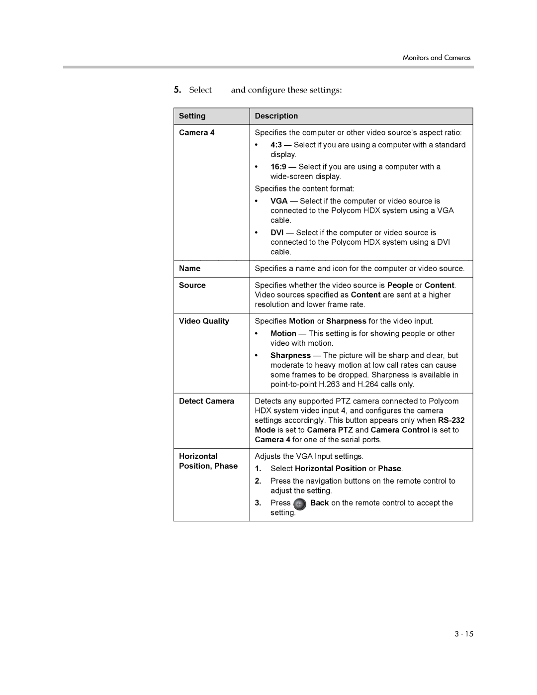 Polycom 1 manual Position, Phase Select Horizontal Position or Phase 