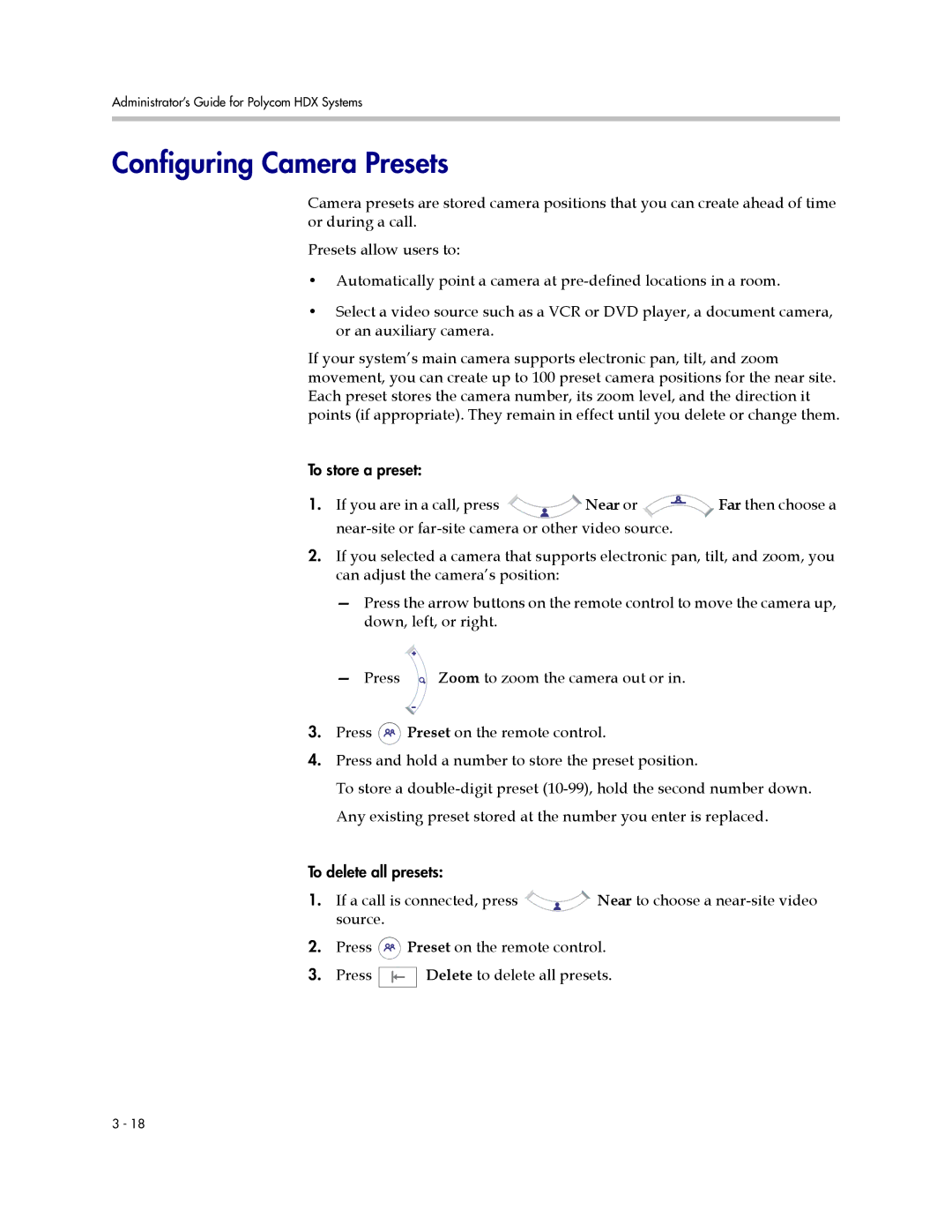 Polycom 1 manual Configuring Camera Presets 