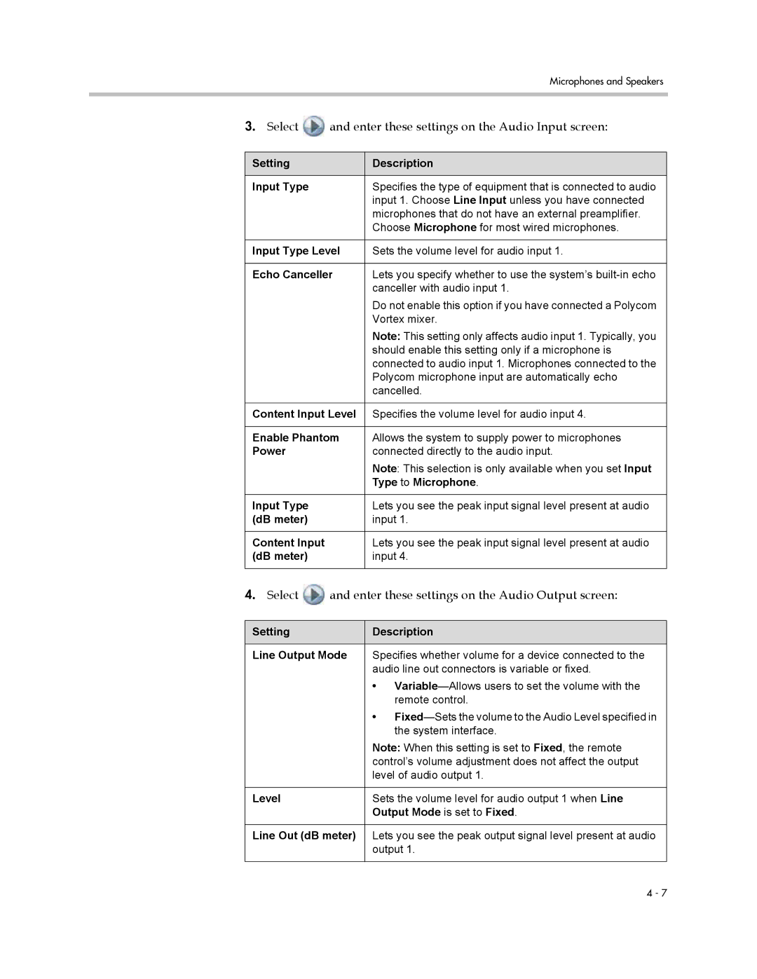 Polycom 1 manual Select and enter these settings on the Audio Input screen 