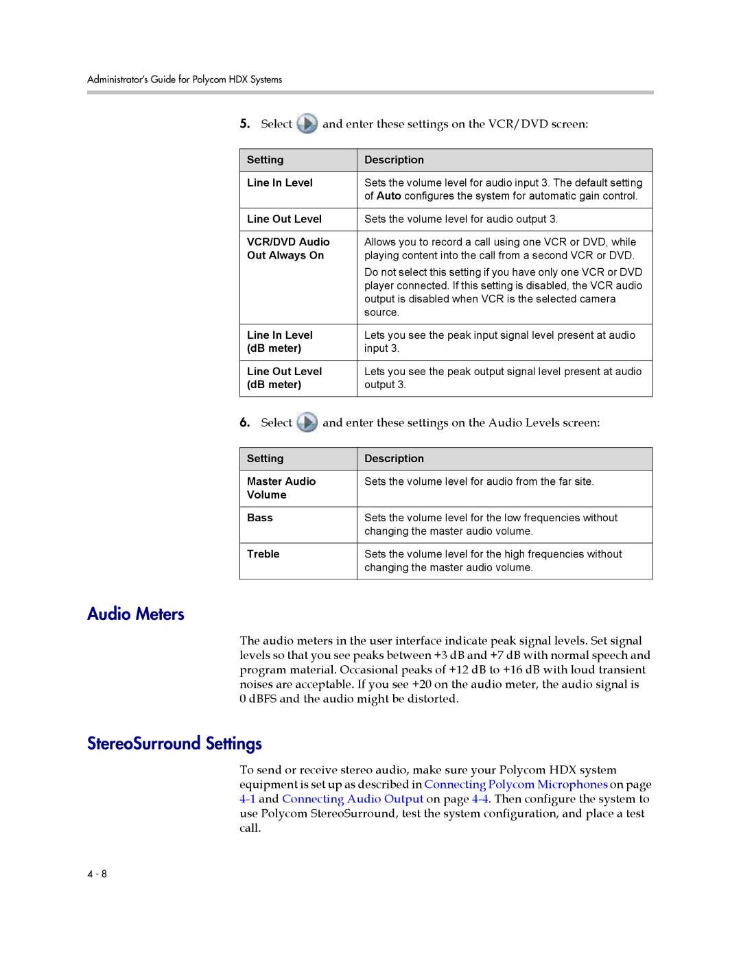 Polycom 1 manual Audio Meters, StereoSurround Settings, Select and enter these settings on the VCR/DVD screen 