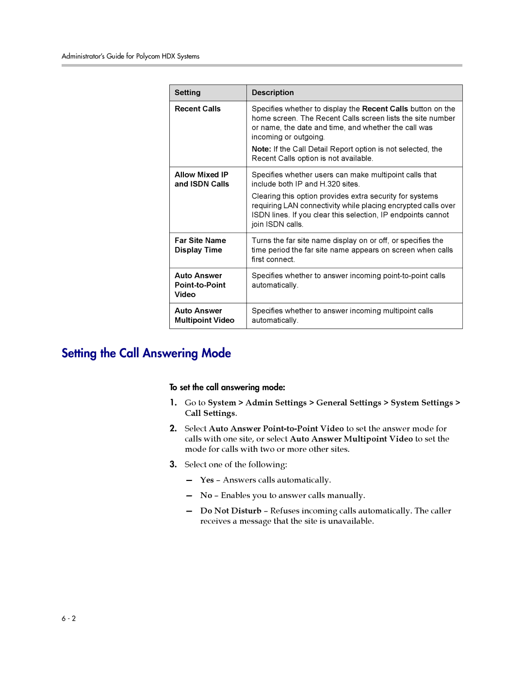 Polycom 1 manual Setting the Call Answering Mode 